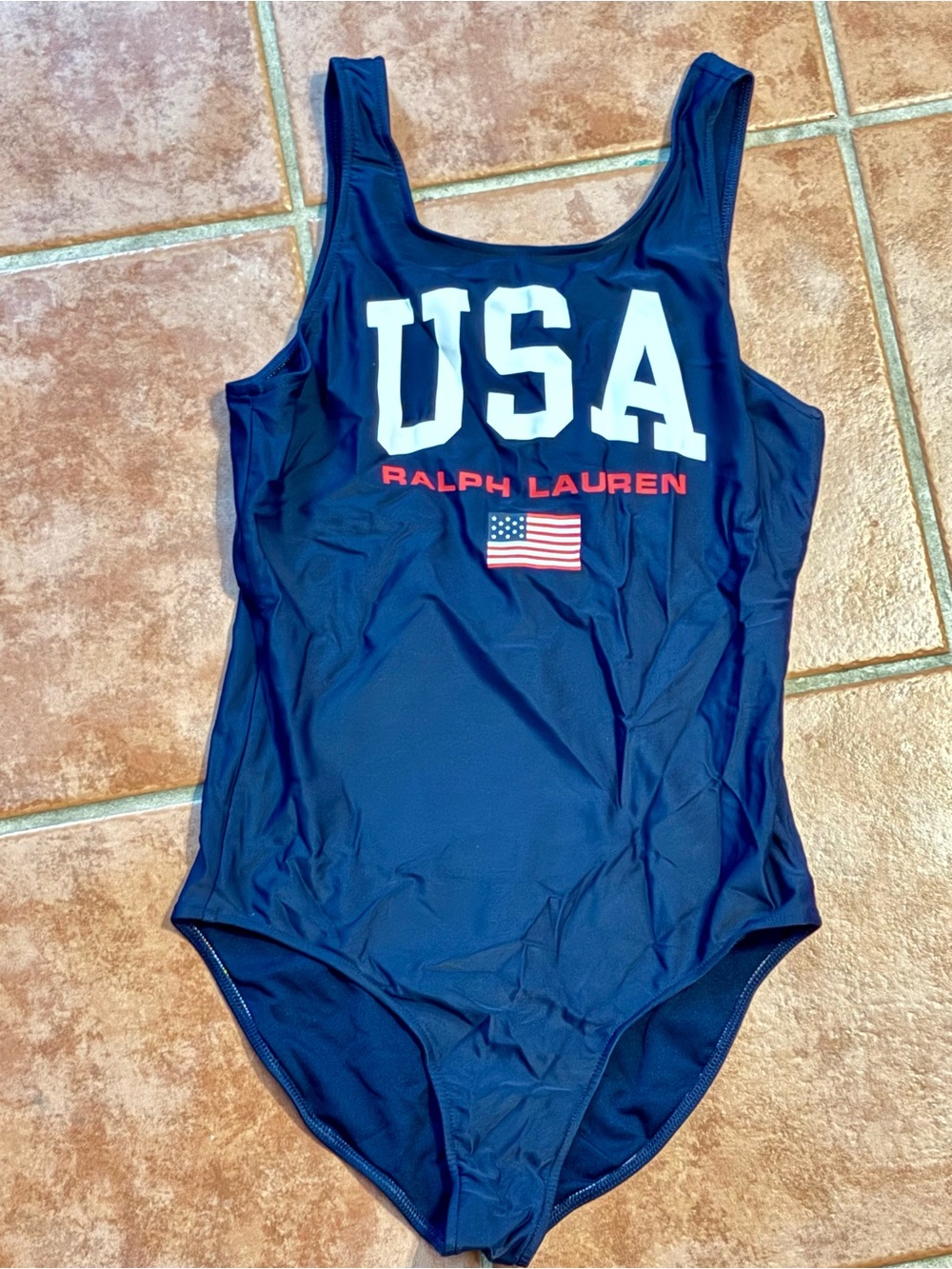 Vintage Ralph Lauren Sport Swimsuit Women's Size 14 Navy One Piece USA Flag Logo
